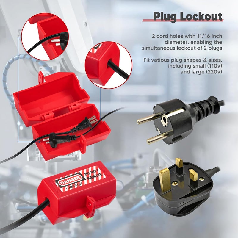 SATTRON Tagout Lockout Plug Lock Device- 2 Pcs Red Polypropylene Plug Lockout for Electrical Plugs 110 and 220 Volt Power Cord Medium Industrial Grade Power Cord Lockout with 2 Locking Holes OSHA Compliant - Image 2